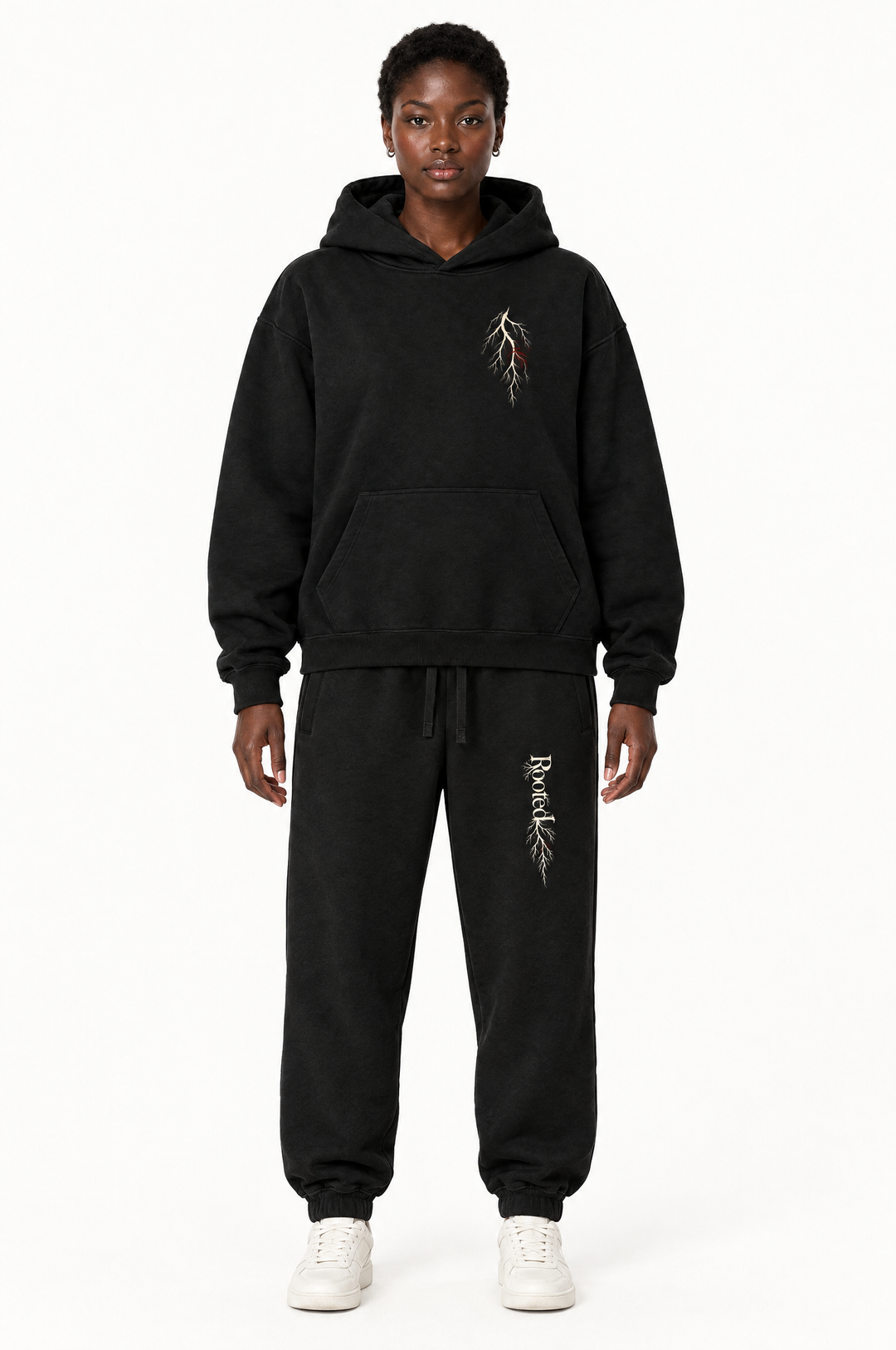 Saint Kevon Rooted black matching hoodie and sweatpants — full outfit front