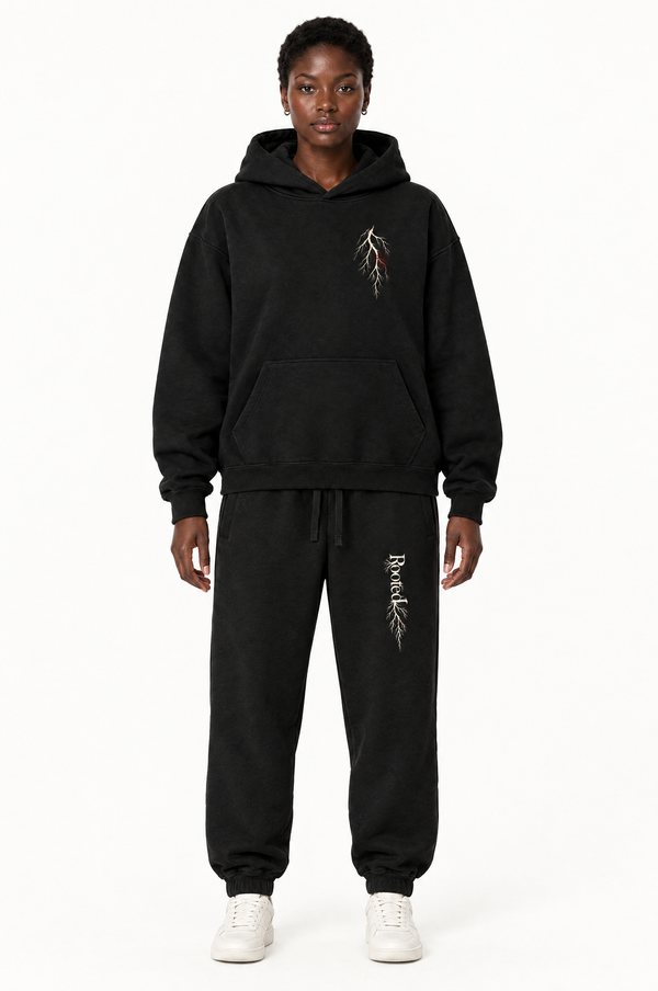 Saint Kevon Rooted black matching hoodie and sweatpants — full outfit front